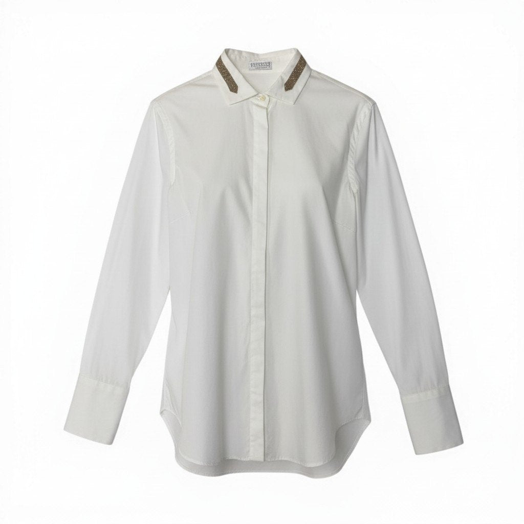 83c27 BRUNELLO CUCINELLI ブルネロクチネリ ロングスリーブシャツ ビーズ装飾 コットンブレンド 薄手 レディース 女性服 イタリア製 サイズXS ホワイトu02t