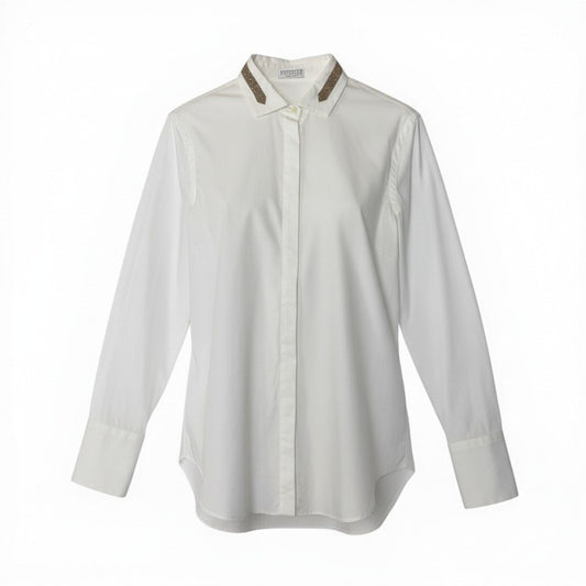 83c27 BRUNELLO CUCINELLI ブルネロクチネリ ロングスリーブシャツ ビーズ装飾 コットンブレンド 薄手 レディース 女性服 イタリア製 サイズXS ホワイトu02t