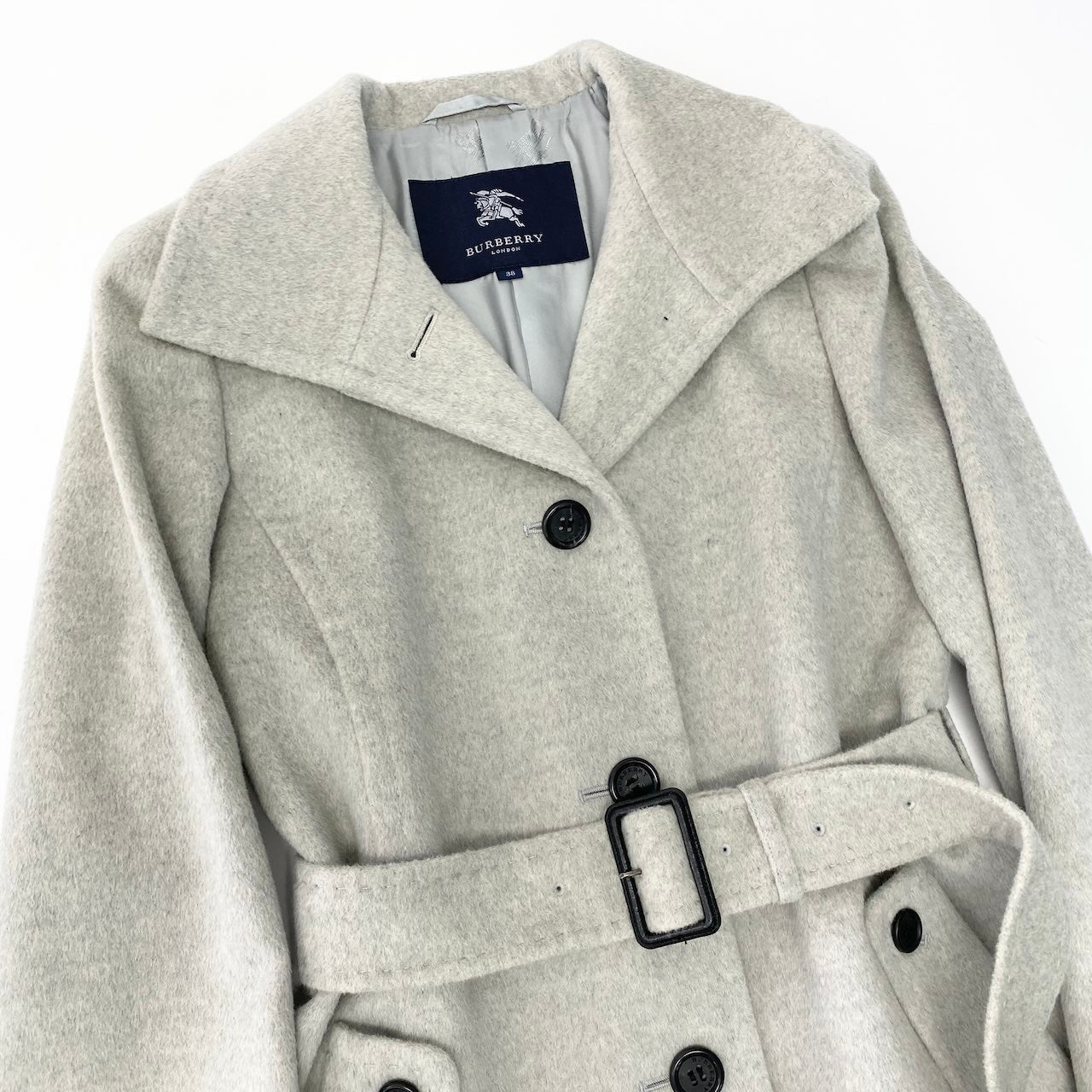 23e7 BURBERRY LONDON バーバリー ステンカラーコート ミドル丈 ウエストベルト付 ウールアンゴラ混 アウター サイズ38 グレー レディース 女性服u02t