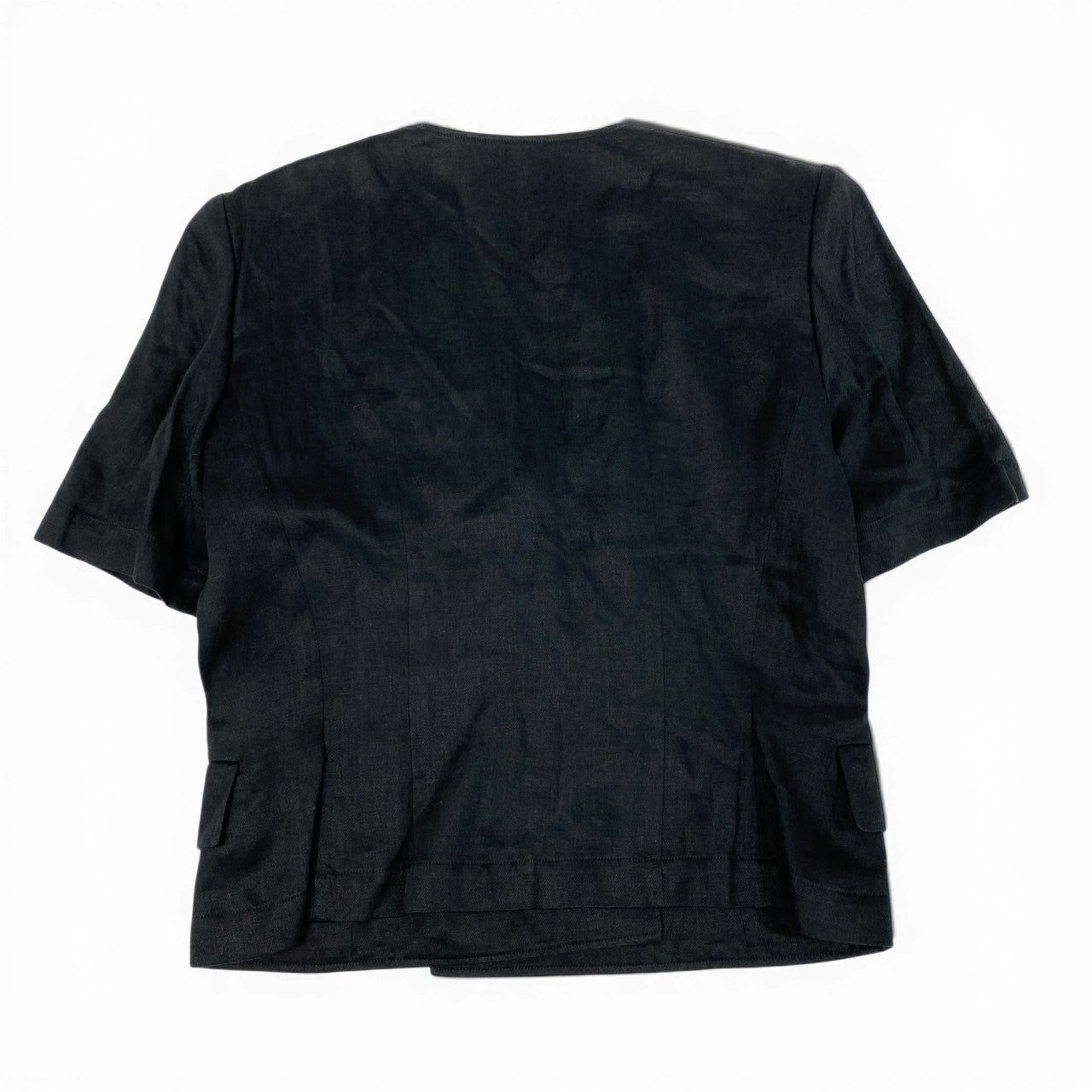 36a30 Vintage Christian Dior ヴィンテージ クリスチャンディオール ノーカラー 半袖ジャケット Collarless Short Sleeve Jacket Lサイズ ブラック リネン linen レディースo07t