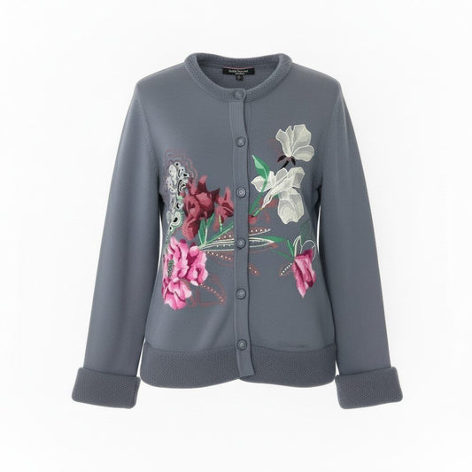 78d9 LEONARD FASHION レオナール ニットカーディガン ニットジャケット 花柄刺繍 ラインストーン ビーズ装飾 カシミヤ混 サイズ42 グレー系 レディース 女性用o07t