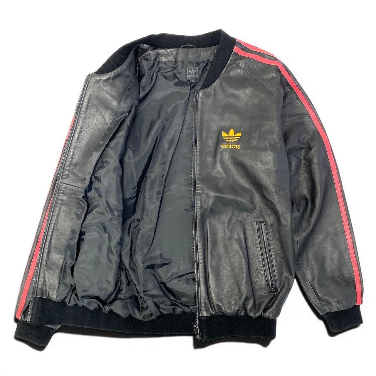 43e11 adidas アディダス 2002年 オリジナル レザージャケット ブルゾン トレフォイルロゴ Mサイズ ブラック ラムレザー メンズ 男性用k02i