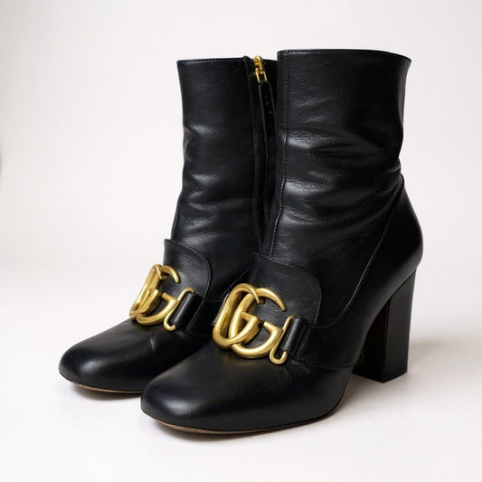 1L11 GUCCI グッチ ダブルG GGマーモント ショートブーツ チャンキーヒール サイズ36 ブラック レザー レディース 靴 ブーツk02i