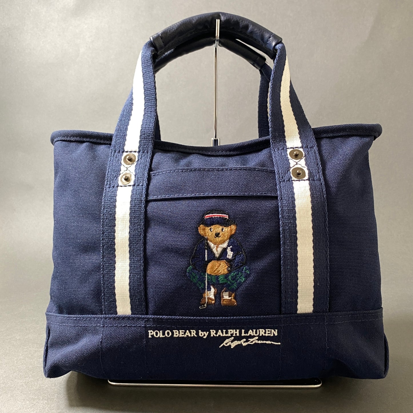 Af26 《美品》 POLO GOLF ポロゴルフ RALPH RAUREN ラルフローレン POLO BEAR MINI TOTE BAG ポロベア キャンバスミニトートバッグ ハンドバッグ ネイビー ショルダーバッグ 刺繍