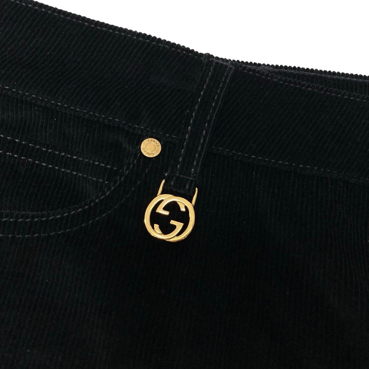 If12 GUCCI グッチ コーデュロイ ロングパンツ GGロゴ ベロア レザーパッチ サイズ46 ブラック レディース 女性用t18r