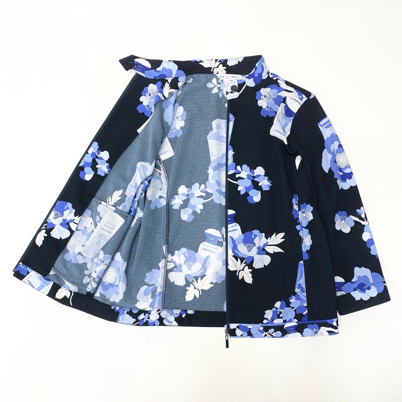 31b6 【美品】LEONARD SPORT レオナール スポーツ ジップアップジャケット ブルゾン 香水 花柄プリント 0578942 42サイズ ブラック ブルー ポリエステル100％ レディース 女性用u02t