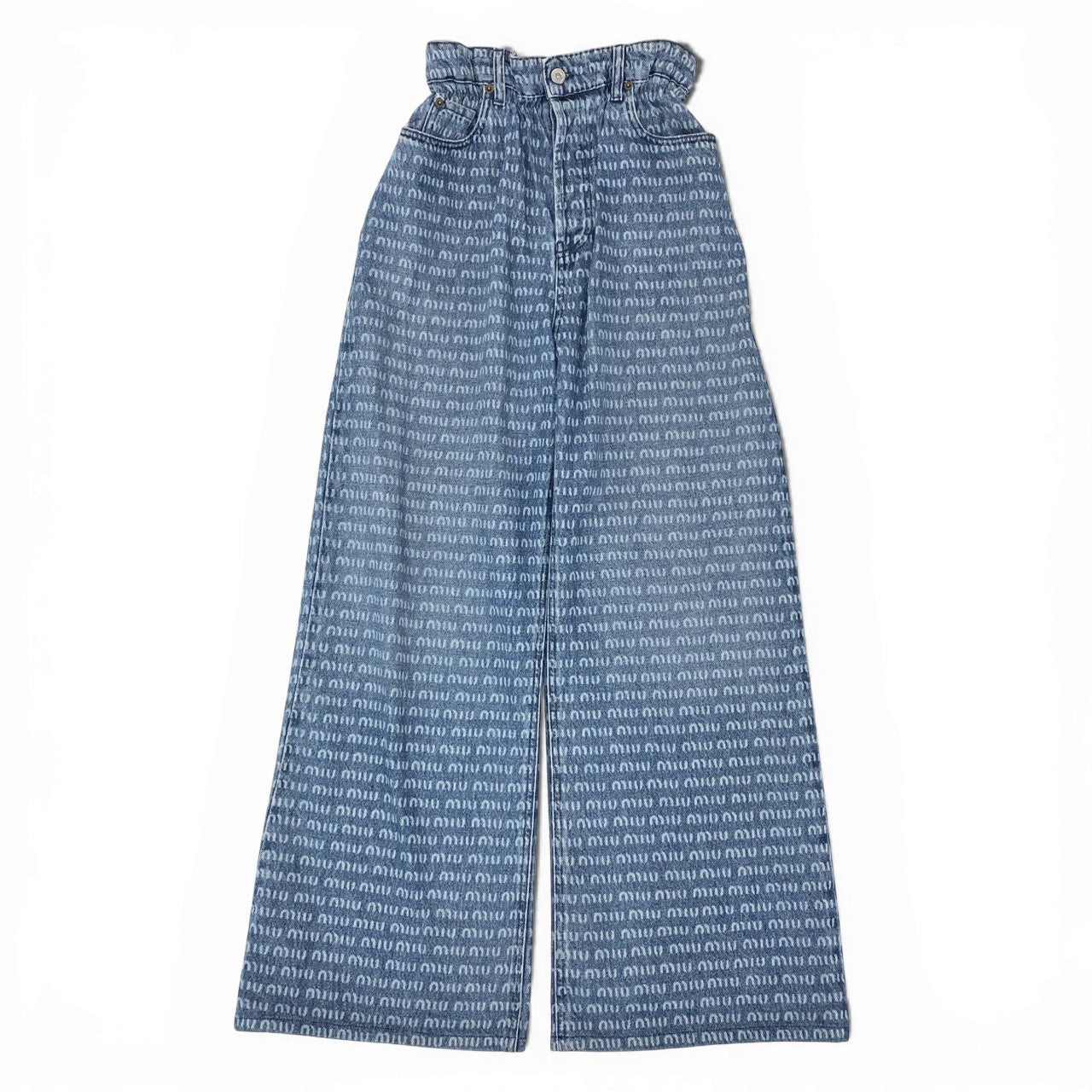 55L23 miu miu ミュウミュウ 2024SS ワイドレッグジーンズ ロゴプリント デニムパンツ サイズ25 インディゴ レディース ボトムスk02i