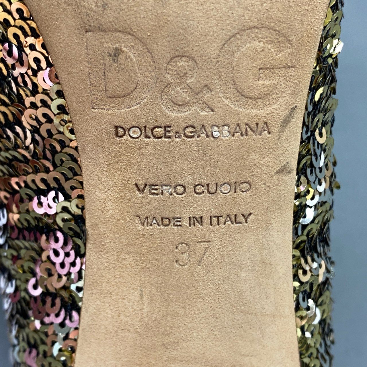 3k29 DOLCE＆GABBANA ドルチェアンドガッパーナ イタリア製 スパンコール ヒールパンプス ハイヒール ポインテッドトゥ 37 ゴールド シルバー レディース