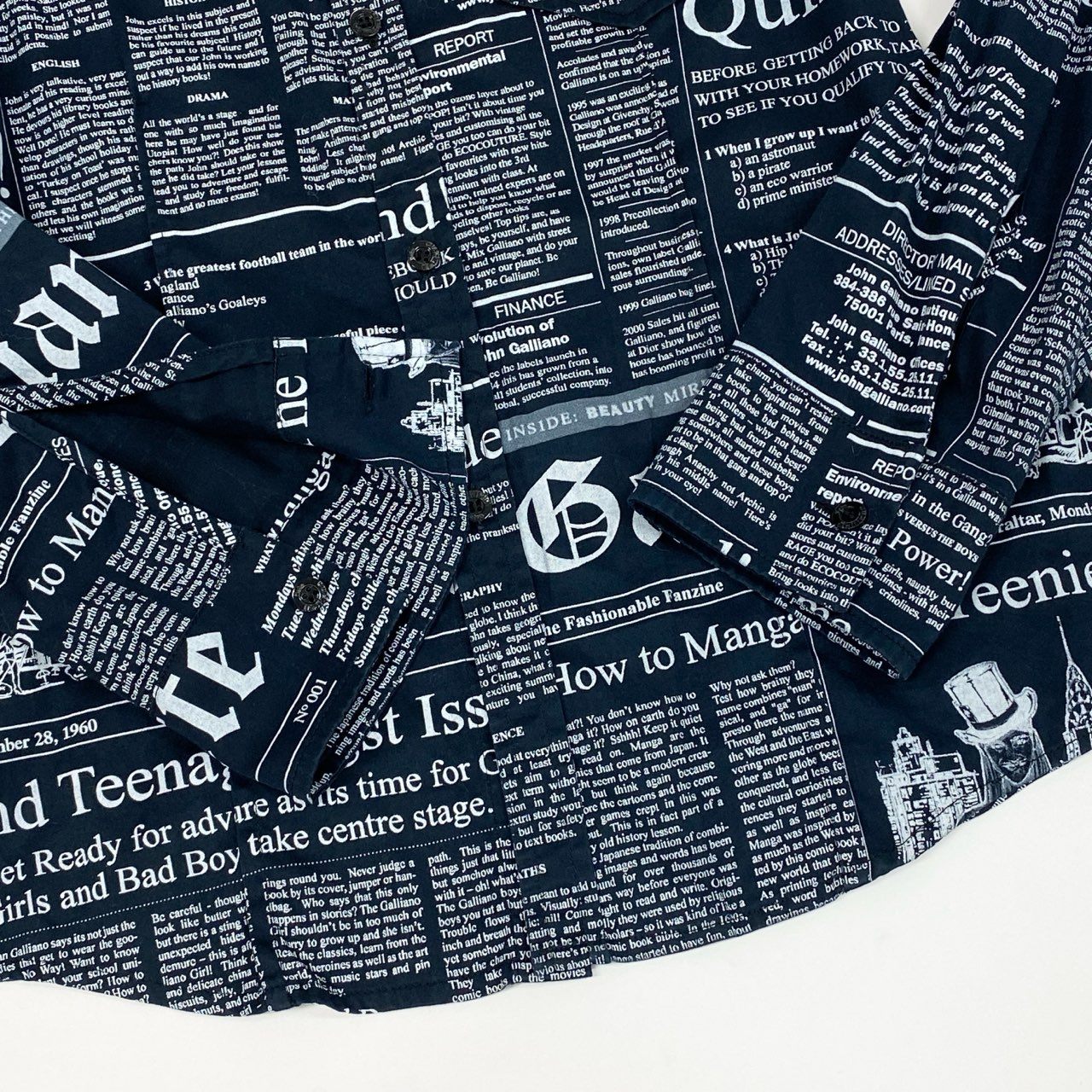 65b10【美品】John Galliano ジョンガリアーノ ヴィンテージ ロングスリーブボタンダウンシャツ  ニュースペーパー柄 12サイズ ブラック ホワイト メンズ 男性用k02i