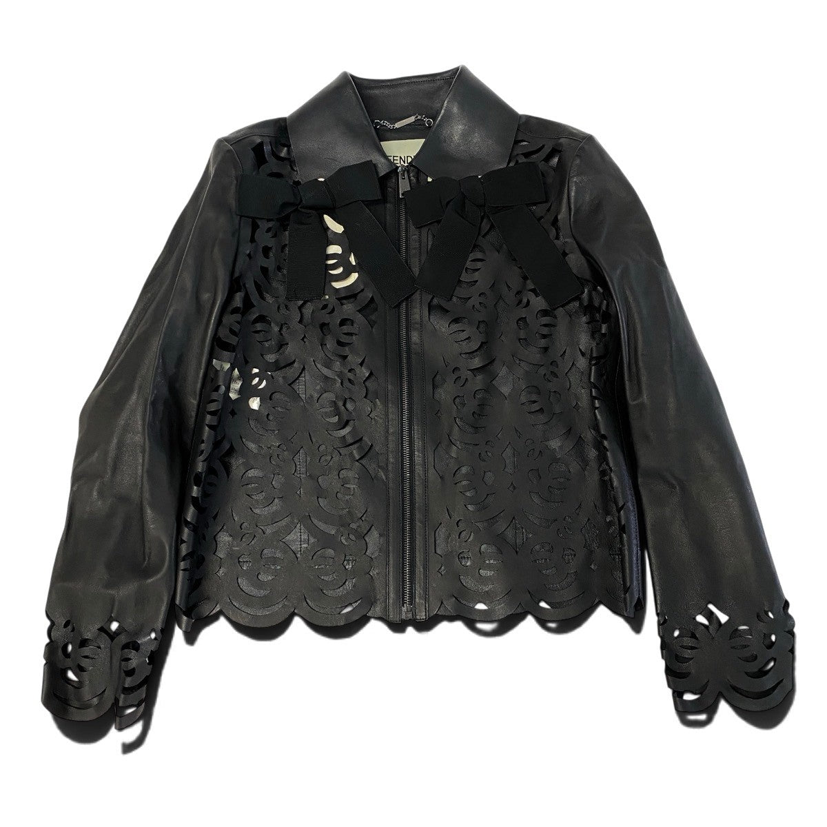 j23 FENDI フェンディ レーザーカット レザージャケット Laser-Cut Lamb Leather Jacket Size 40 ブラック 羊革 ラムレザーt18r