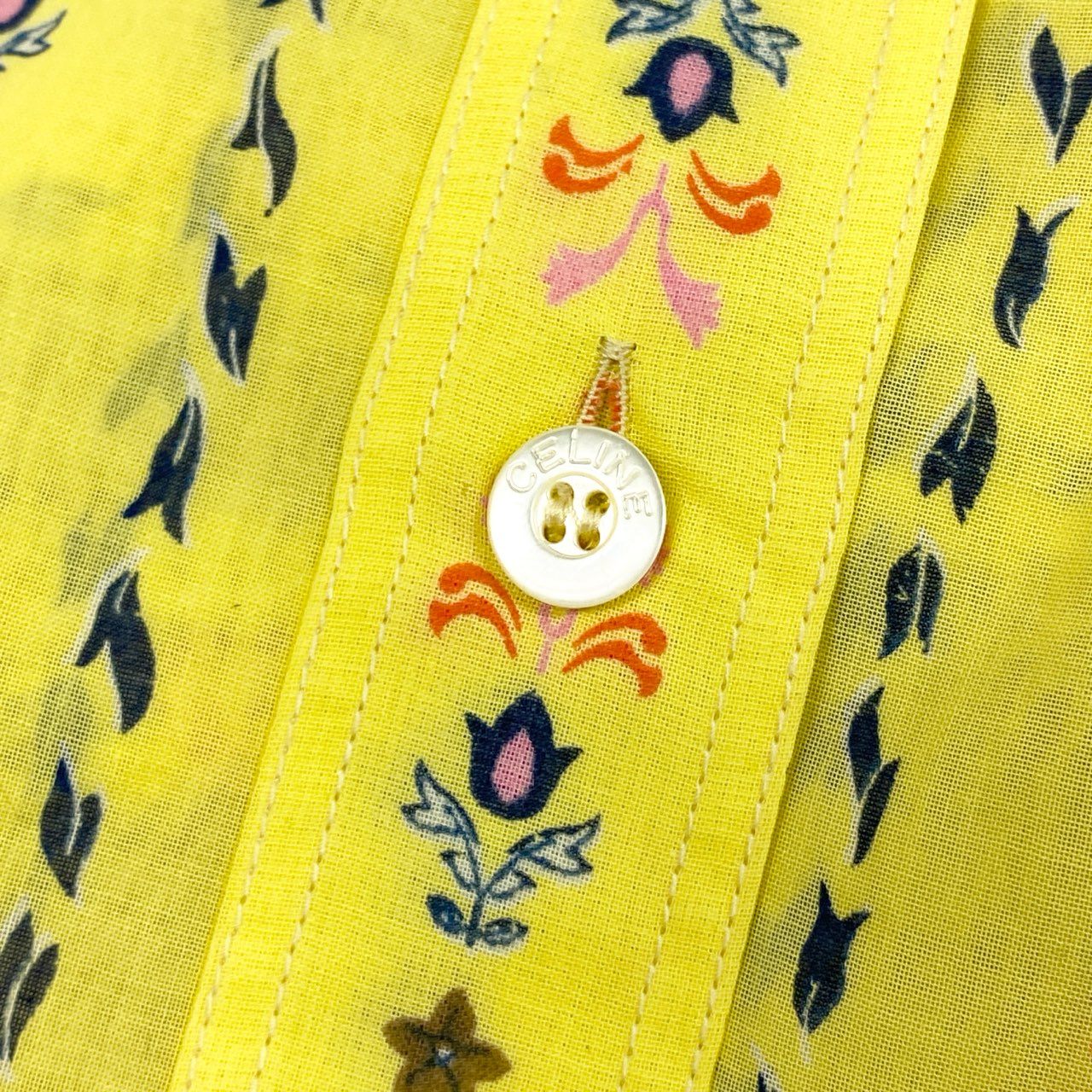 Ab10 【極美品】CELINE セリーヌ デッドストック 80’s 長袖フローラルプリントシャツ Button-Down Shirt in Bright Yellow 36サイズ イエロー コットン100％ レディース 女性用ta1
