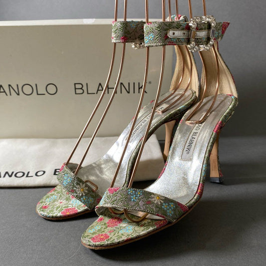 4g17 MANOLO BLAHNIK マノロブラニク ジャガード素材 花柄 ビジュー付き ストラップサンダル サイズ34 1/2 マルチカラー レディース