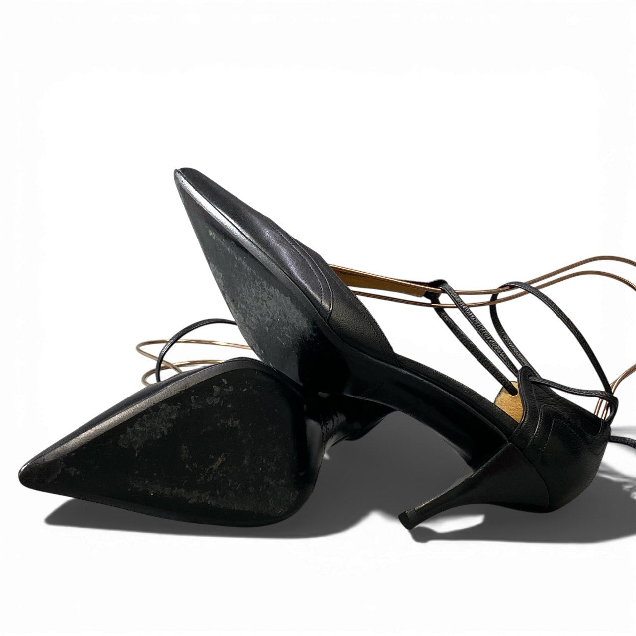 1a6 HERMES エルメス ポインテッドトゥ パンプス ヒールパンプス サンダル シューズ 37.5 ブラック レザー レディース 女性用k02i