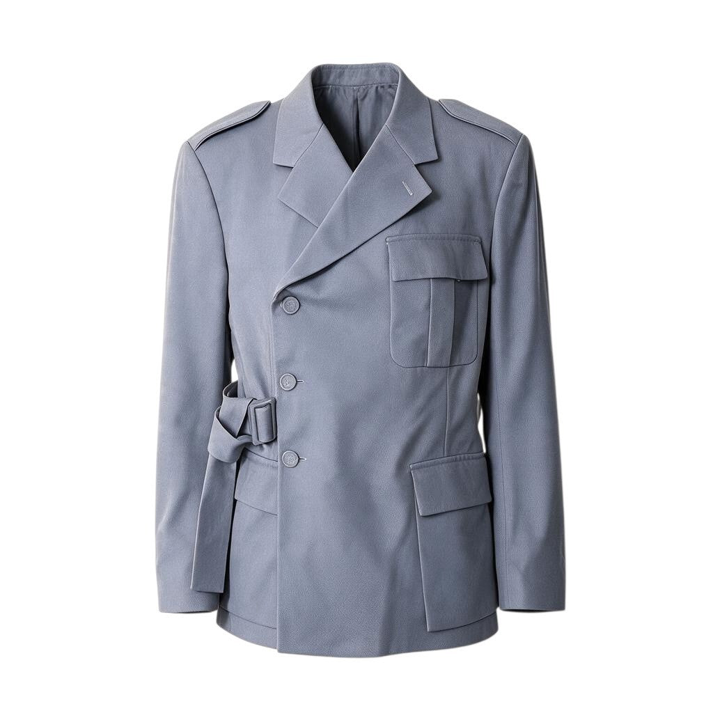 10j15 【未使用】 DIOR HOMME ディオール オム アシンメトリーボタン サファリジャケット ウエストベルト サイズ48 ブルーグレー ウール100％ メンズu02t