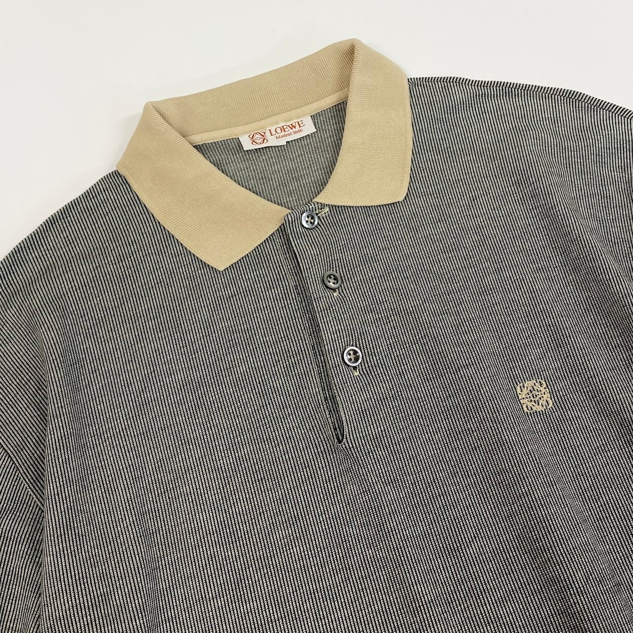 Ec27 LOEWE ロエベ 半袖ポロシャツ コットンシャツ ストライプ ロゴ刺繍 トップスカットソー Sサイズ ブラック ベージュ コットン100％ メンズ 男性用u02t