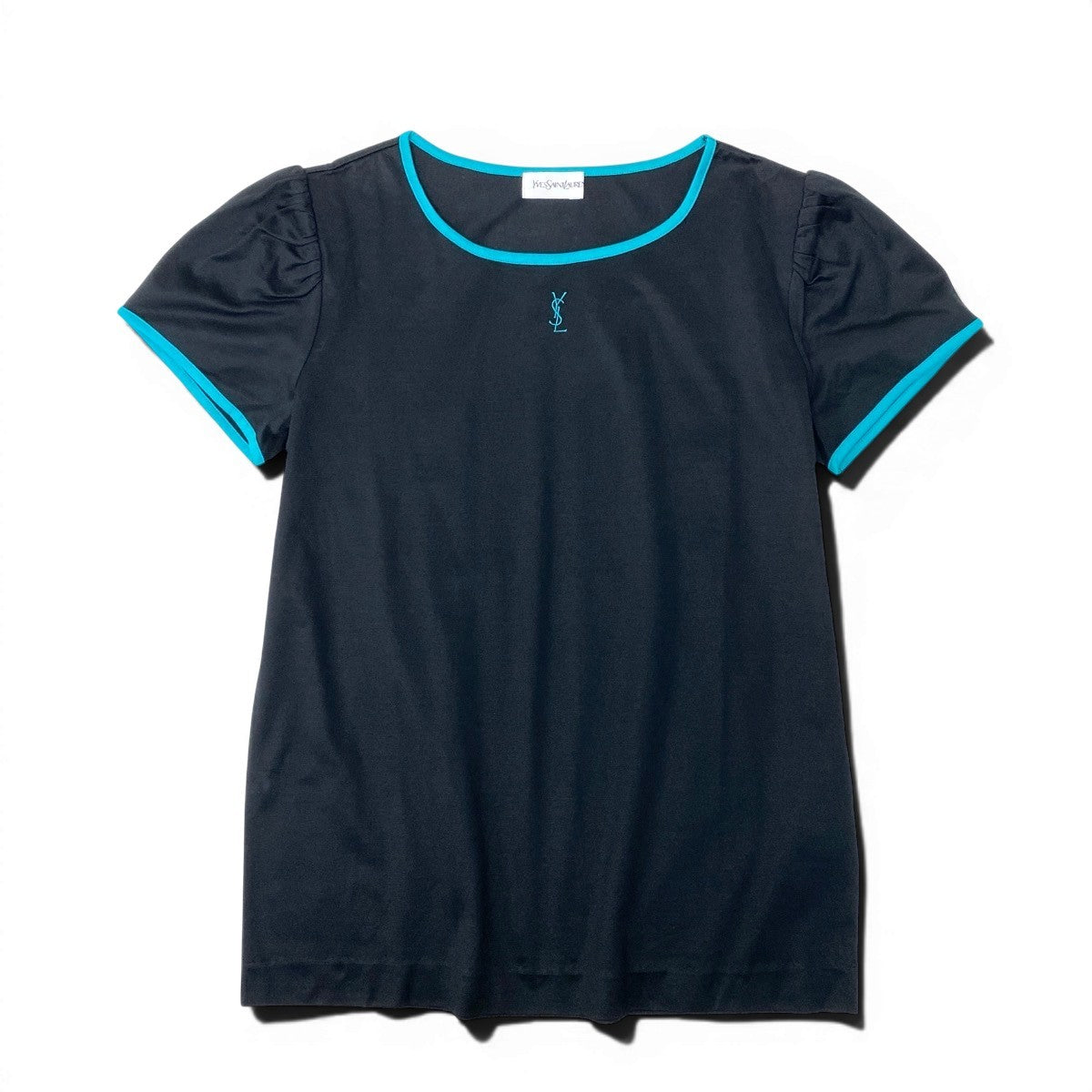 If15 Yves Saint Laurent イヴサンローラン YSLロゴ刺繍 Tシャツ 半袖カットソー トップス Mサイズ ブラック グリーン コットン レディースo07t