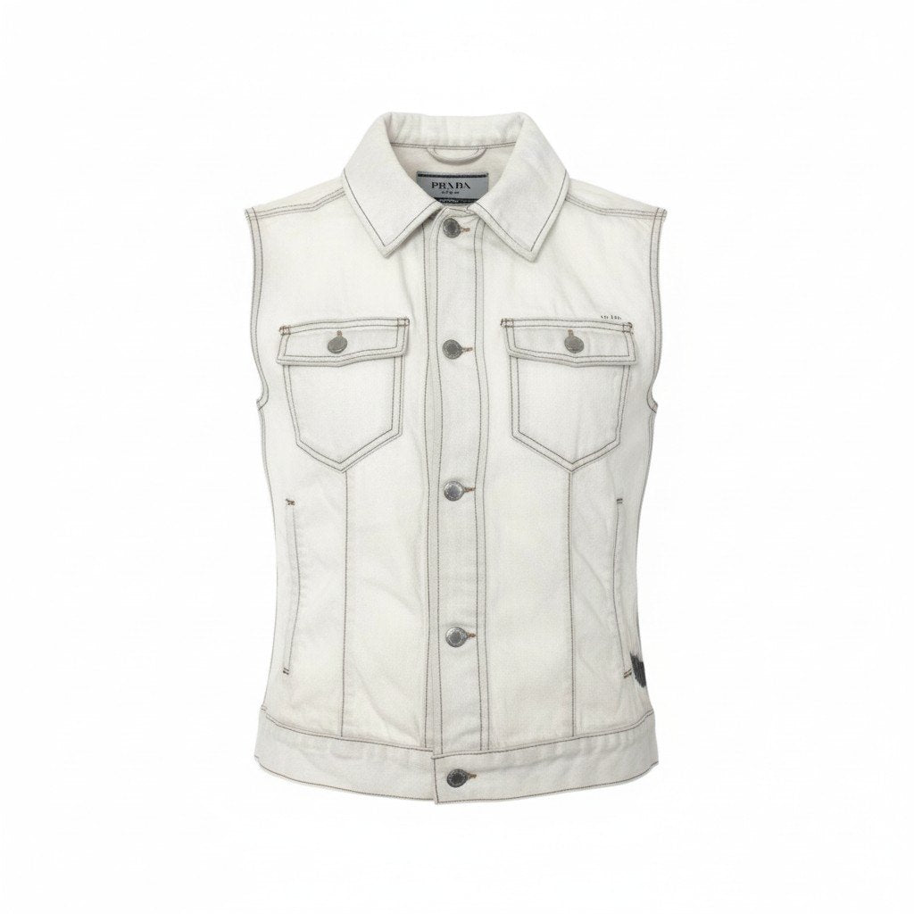 24k28 PRADA プラダ デニムベスト トップス ロゴ 52 ホワイト コットン メンズ イタリア製 00su02t