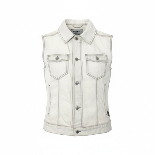 24k28 PRADA プラダ デニムベスト トップス ロゴ 52 ホワイト コットン メンズ イタリア製 00su02t