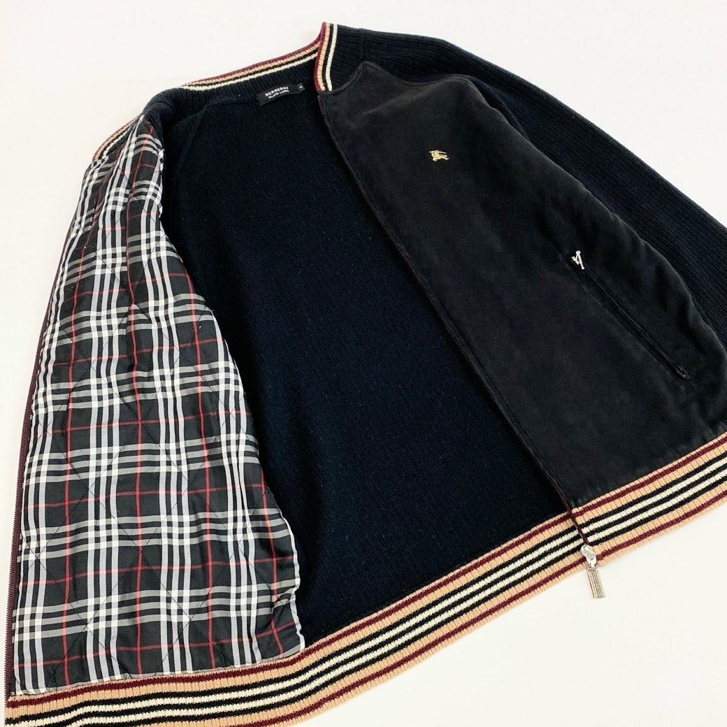 85k4 BURBERRY BLACK LABEL バーバリー ブラックレーベル ニット切替 ロゴ刺繍 ジップアップ ブルゾン ジャケット BMT66-516-09 3 Lサイズ相当 ブラック メンズo07t