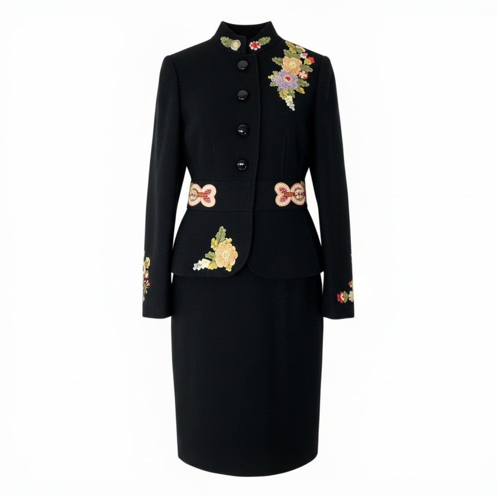 76c26 MOSCHINO モスキーノ フラワーデザイン スカートセットアップ サイズ38 ブラック レディース 女性用t18r