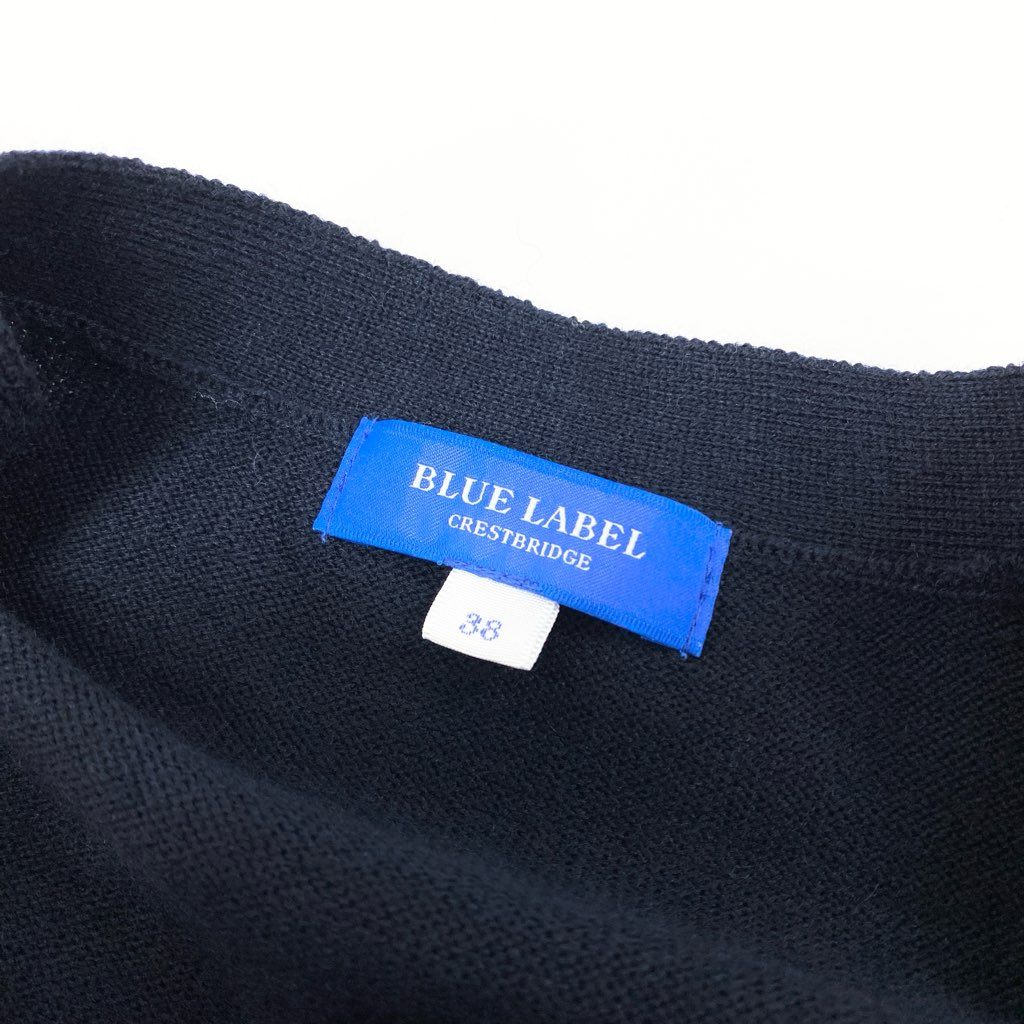 81L15 【美品】BULE LABEL CRESTBRIDGE ブルーレーベル クレストブリッジ ロングカーディガン ニットワンピース キャンディスリーブ Vネック チェック柄 55F90-829-29 38サイズ ネイビー レディースu02t