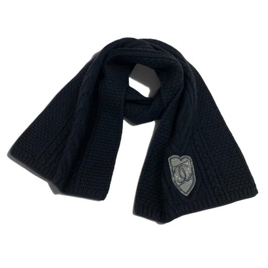 i22 CHANEL シャネル ココマーク カシミヤマフラー CC Cashmere Scarf Muffler Black ブラックt18r