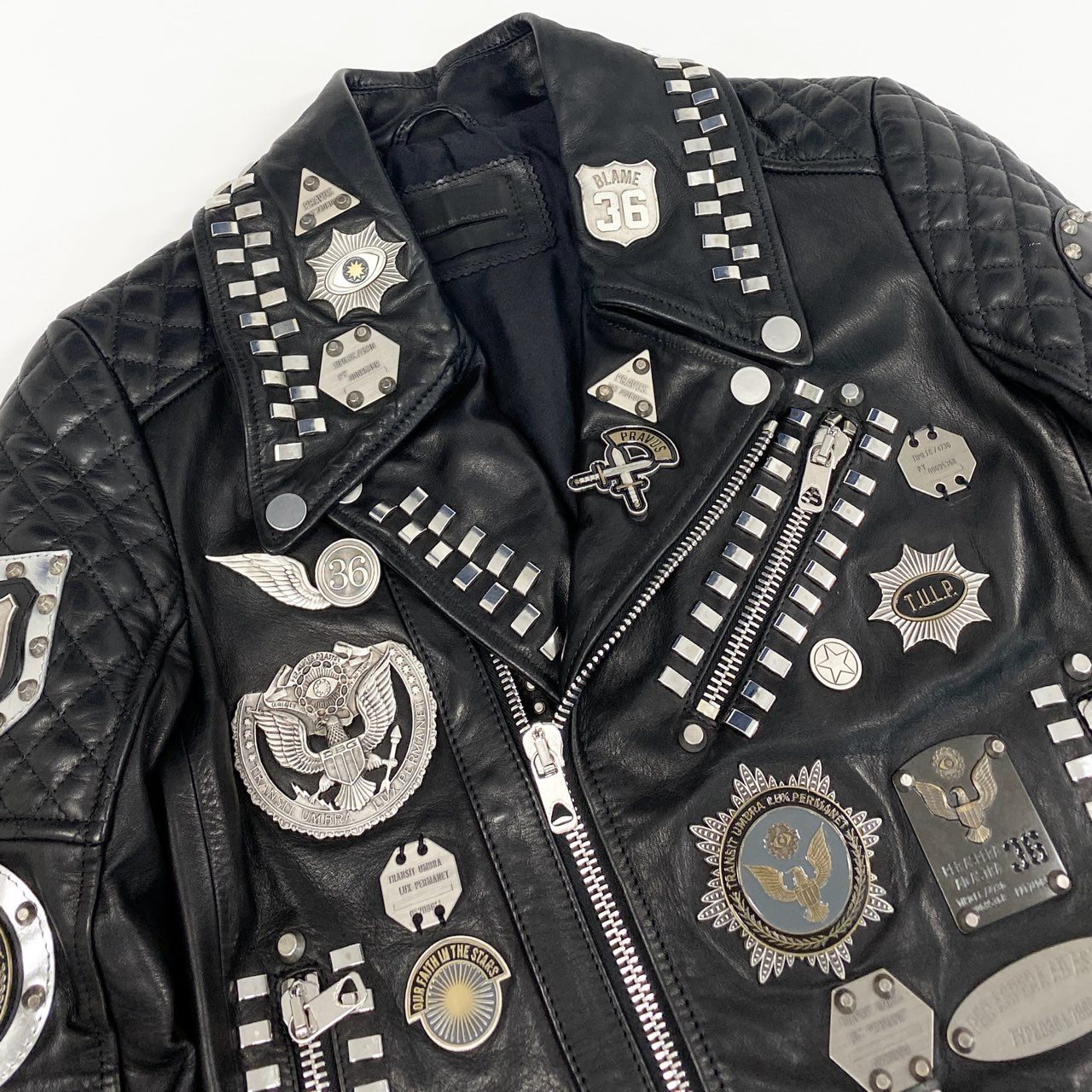 77d30 DIESEL BLACK GOLD ディーゼル ブラックゴールド スタッズ ダブルライダースジャケット 鋲ジャン ラムレザージャケット バイカー パンク 装飾 DBG 44 ブラック 羊革