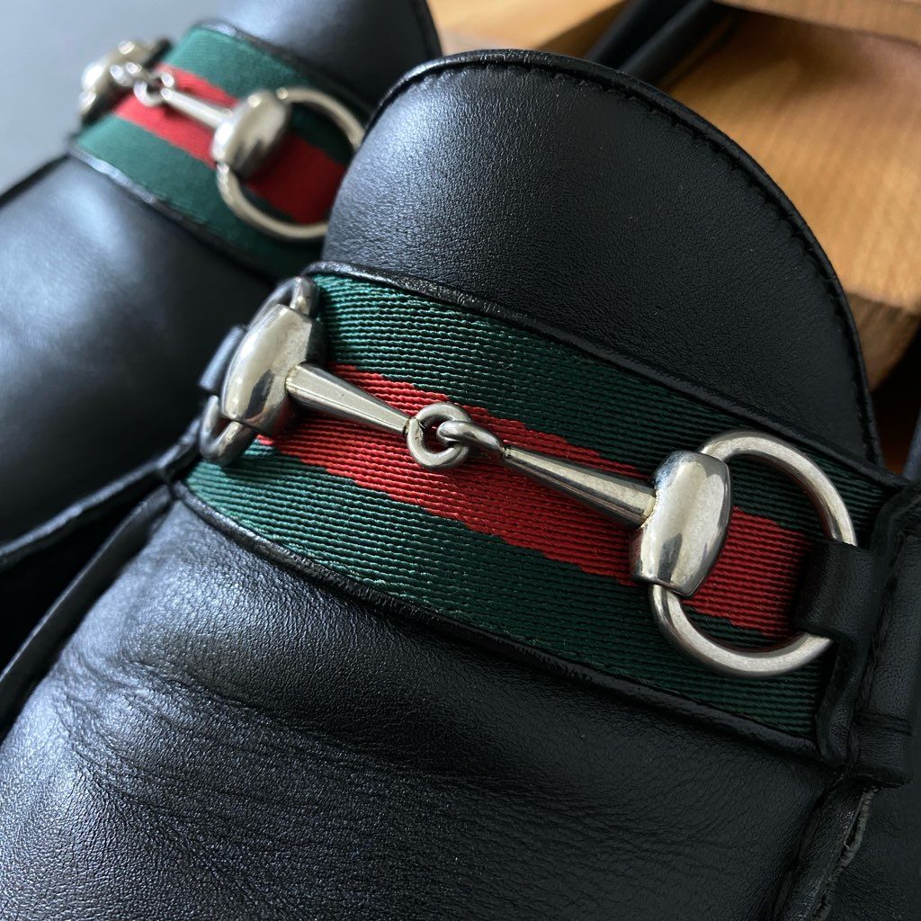 3h4 GUCCI グッチ ドライビングシューズ ウェブストライプ ホースビット シェリーライン レザーシューズ 450892 9 1/2 ブラック レザー