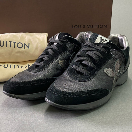2f9 《美品》 LOUIS VUITTON ルイヴィトン フラワーパッチ レザースニーカー 37 ブラック Leather シューズ 女性靴 箱付き