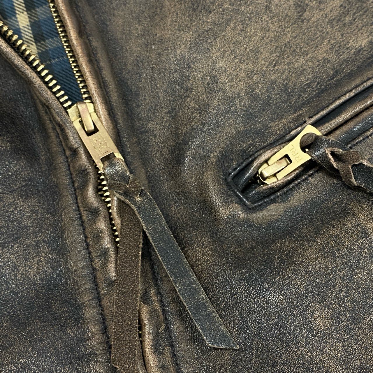 48c14 RALPH LAUREN RRL ラルフローレン ダブルアールエル フルグレインカウハイドレザージャケット シングルライダース 本革 カウレザー 裏地チェック 782839937001 M ブラウン 牛革