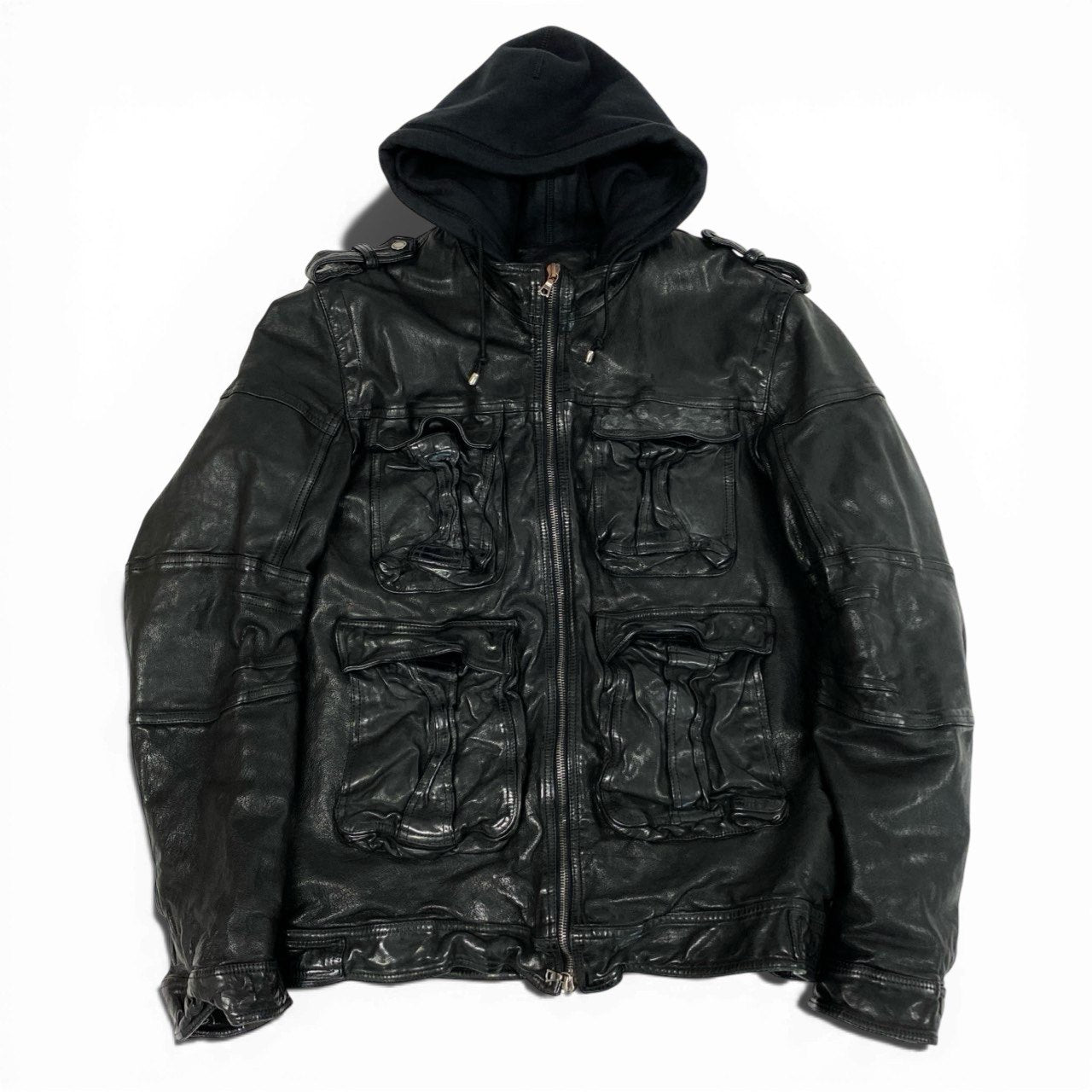 61b9 Neil Barrett ニールバレット バッファローレザー レザージャケット マルチポケット ライナー取り外し可 M ブラック バッファローレザー メンズ アーカイブk02i