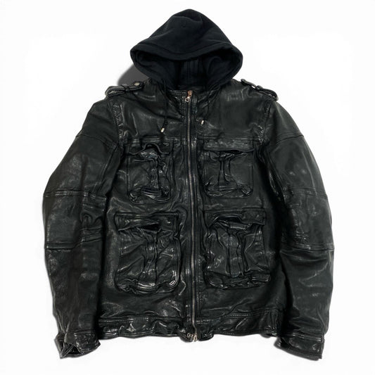 61b9 Neil Barrett ニールバレット バッファローレザー レザージャケット マルチポケット ライナー取り外し可 M ブラック バッファローレザー メンズ アーカイブk02i