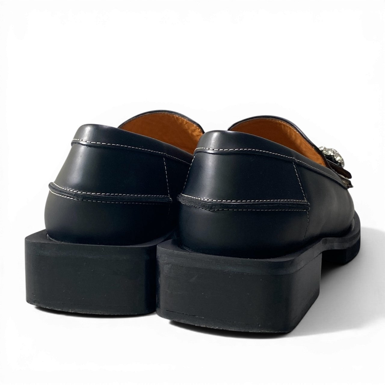 1c23 GANNI ガニ― クリスタルボタン付き レザーローファー ビジュー 革靴 フラットシューズ レディース 女性用 40 ブラックu02t