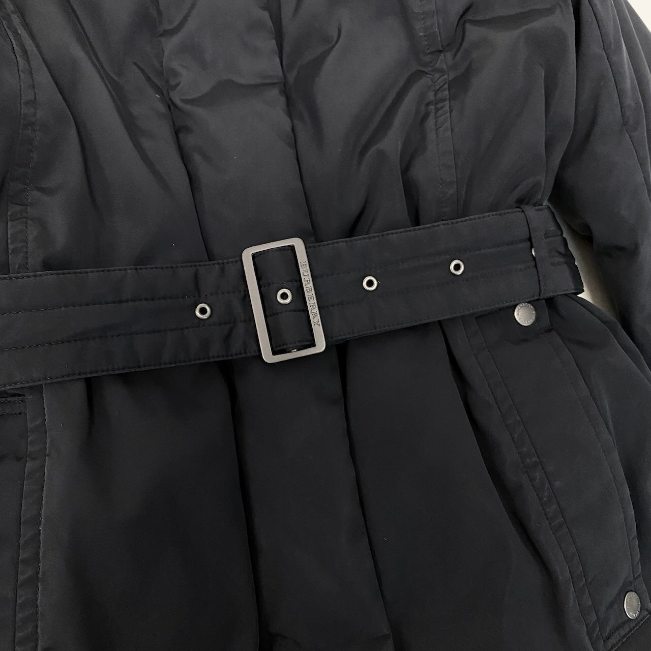 90g27 BURBERRY LONDON バーバリー ウエストリボン ロング ダウンコート 裏地ノバチェック サイズ38 ブラック レディース女性用o07t