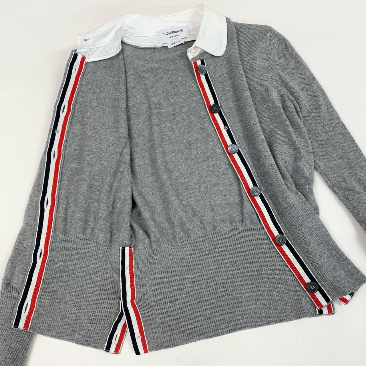 Ec3 THOM BROWNE トムブラウン トリコロール ニットカーディガン 襟付き ドッキングデザイン FKC393A 36 グレー ウール コットン レディースk02i