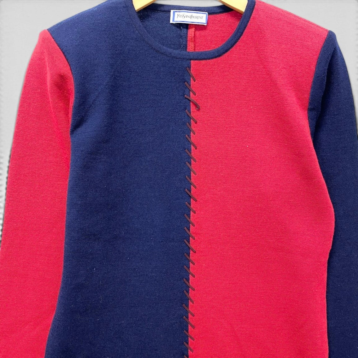 40f15 YVES SAINT LAURENT イヴサンローラン バイカラー ニットセーター ロングスリーブ サイズM レッド ネイビー ウール100％ レディース 女性服o07t