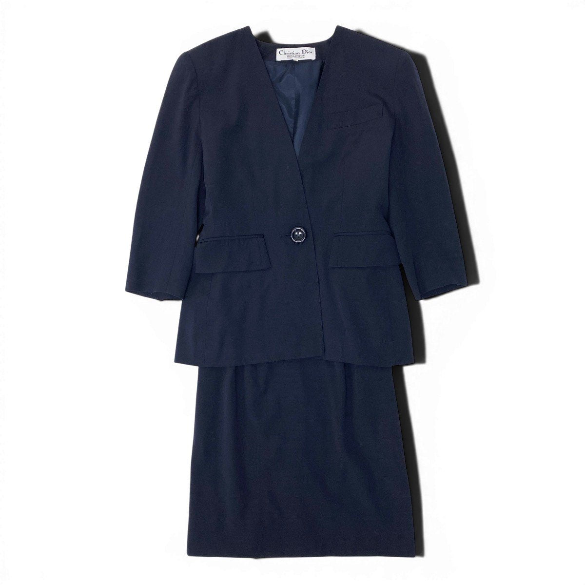 77g14 Christian Dior クリスチャンディオール セットアップ スカートスーツ ノーカラージャケット タイトスカート サイズ9 ネイビー レディースu02t