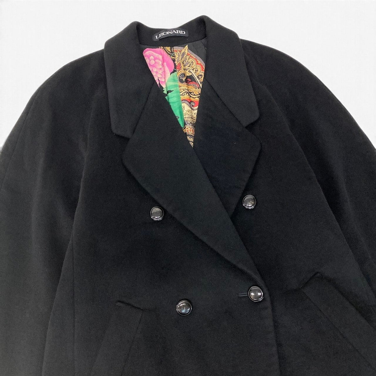 14i25 LEONARD レオナール カシミヤコート 裏地総柄 ロングコート チェスターコート  9AR ブラック カシミア100％ レディース 女性用u02t