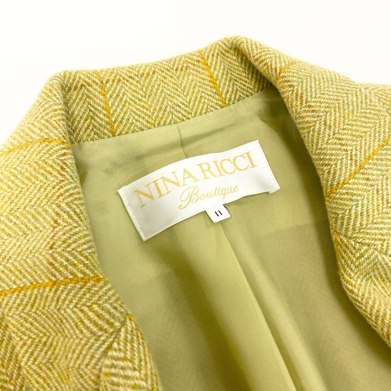 30K18《美品》 NINA RICCI BOUTIQUE ニナリッチ セットアップスカート フォーマル イギリス製生地○ ダブルブレストジャケット 膝丈スカート チェック柄  11 グリーン ラムウールu02t