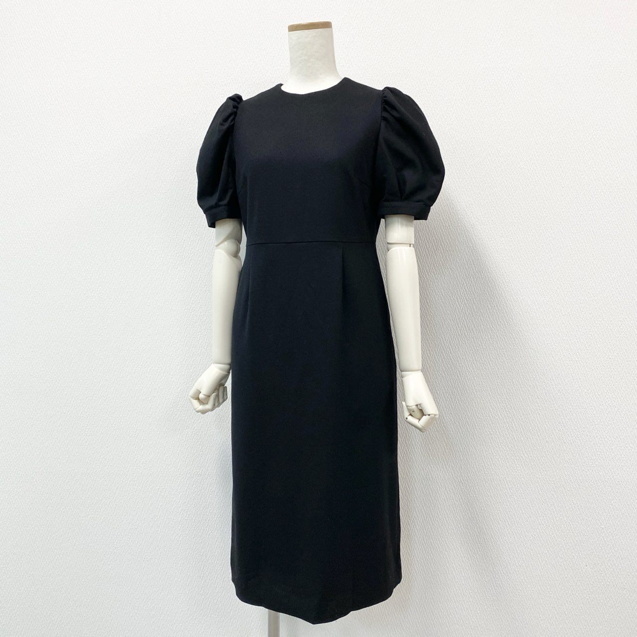 45b27 《美品》 BORDERS at BALCONY ボーダーズアットバルコニー PUFF-SLEEVE MIDI DRESS パフスリーブ ドレス ワンピース サイズ36 ブラック レディース 日本製