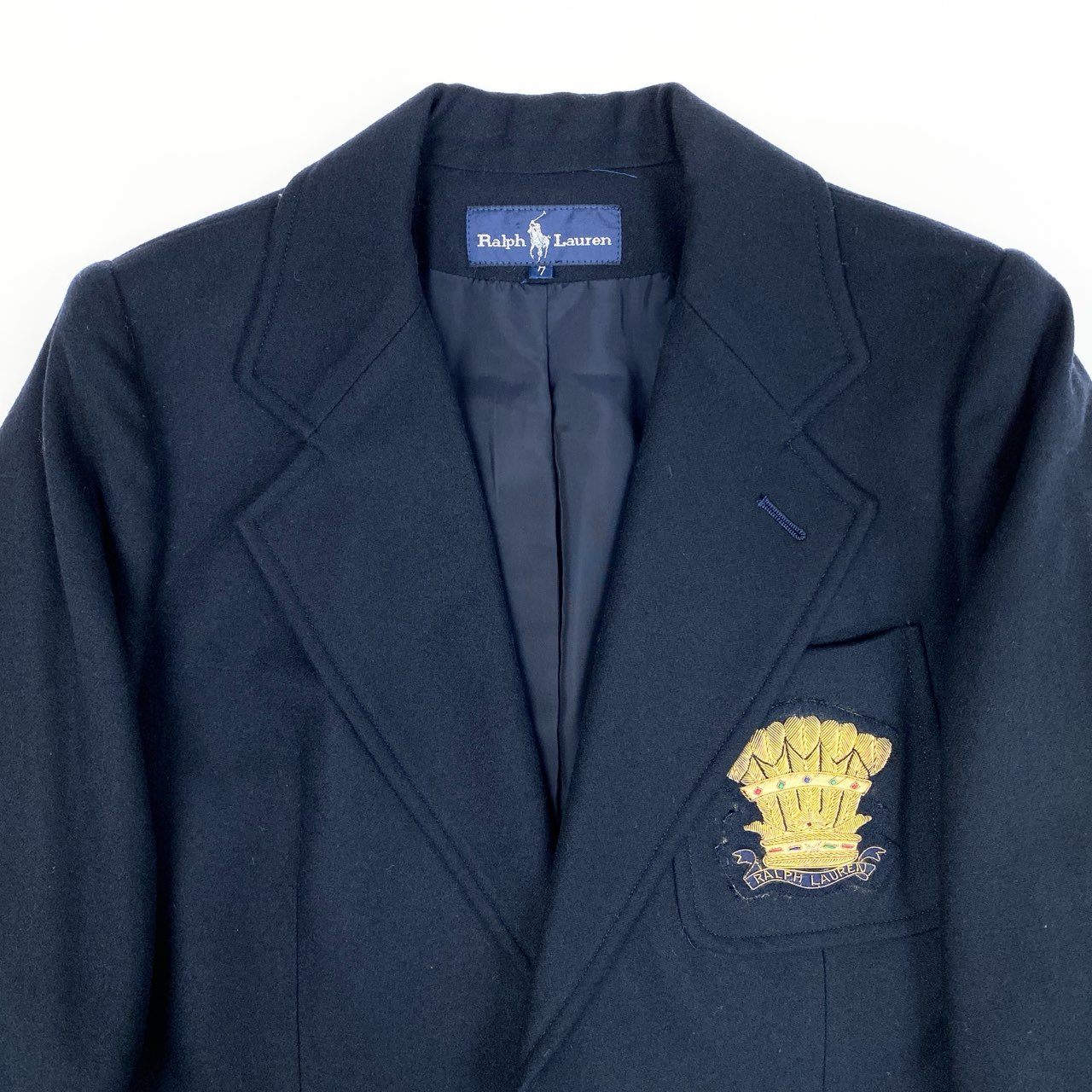 37a19 Ralph Lauren ラルフローレン テーラードジャケット 紺ブレザー 金ボタン 胸元ワッペン レディース 女性用 サイズ７ ネイビー ウール100％u02t