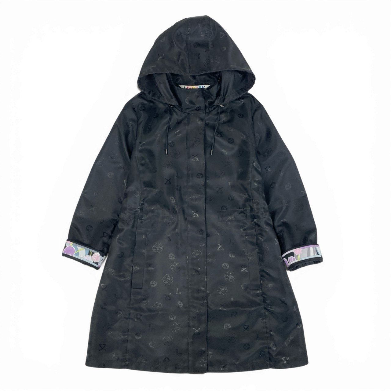 50b12 【極美品】LEONARD SPORT レオナール スポーツ フーディージップアップジャケット ロングジャケット フード取り外し可 0536441 40サイズ ブラック ポリエステル100％ レディース 女性用u02t