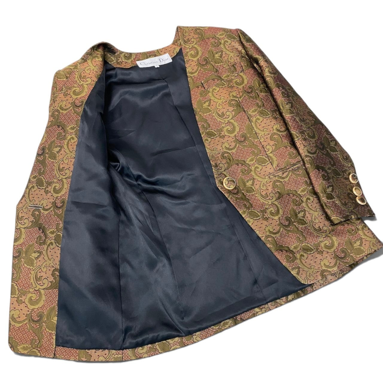77h20【美品】 Christian Dior クリスチャンディオール ノーカラージャケット 総柄 金ボタン サイズM マルチカラー レディースu02t