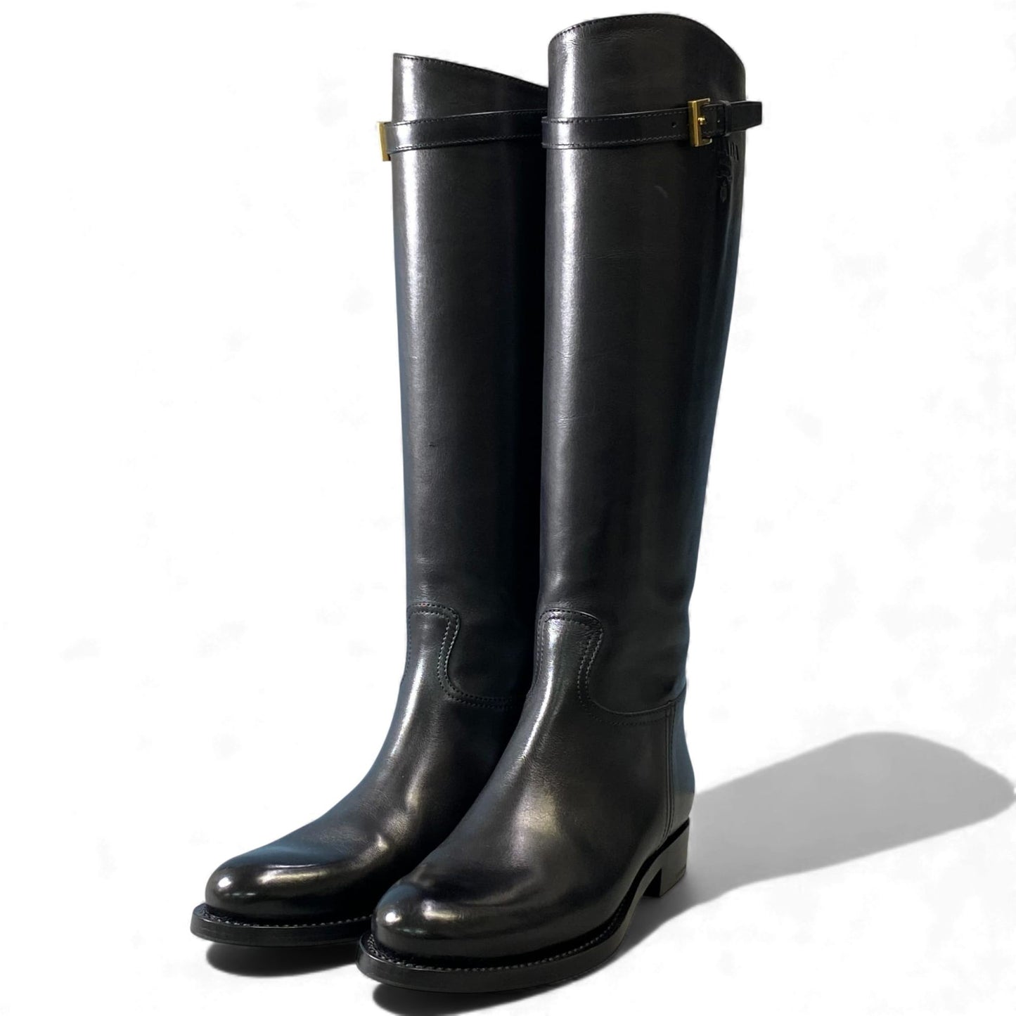 2L11 PRADA プラダ バックルストラップ付 型押しロゴ ロングブーツ サイズ38 ブラック レザー レディース 靴 ミドルブーツk02i