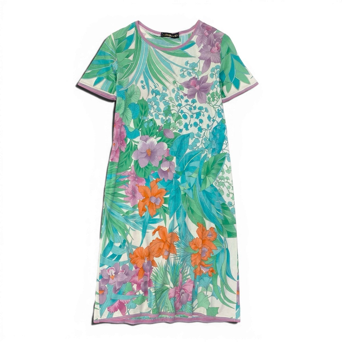 11e27 LEONARD Paris レオナール クルーネック 半袖ワンピース ロングワンピース 美しい花柄プリント マルチカラー レディース 女性服u02t