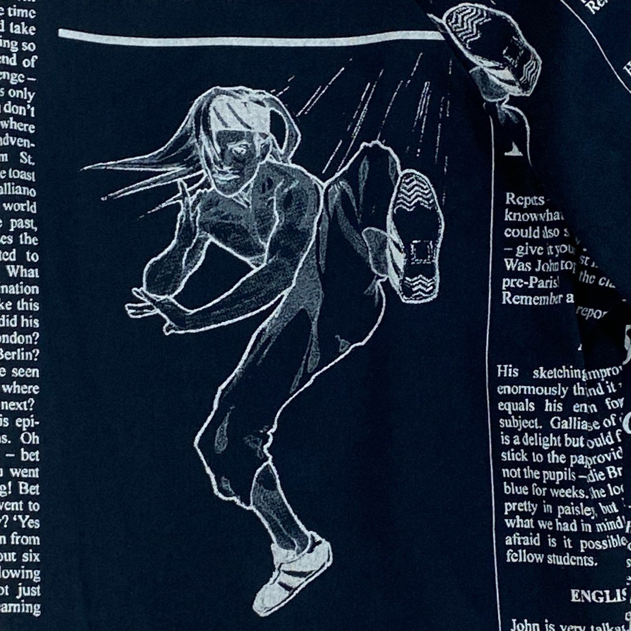 65b10【美品】John Galliano ジョンガリアーノ ヴィンテージ ロングスリーブボタンダウンシャツ  ニュースペーパー柄 12サイズ ブラック ホワイト メンズ 男性用k02i