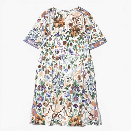 11b6 LEONARD レオナール 膝丈半袖ワンピース 美しい花柄プリント ストレッチ素材 0470902 42サイズ ホワイト ナイロン100％ レディース 女性用u02t