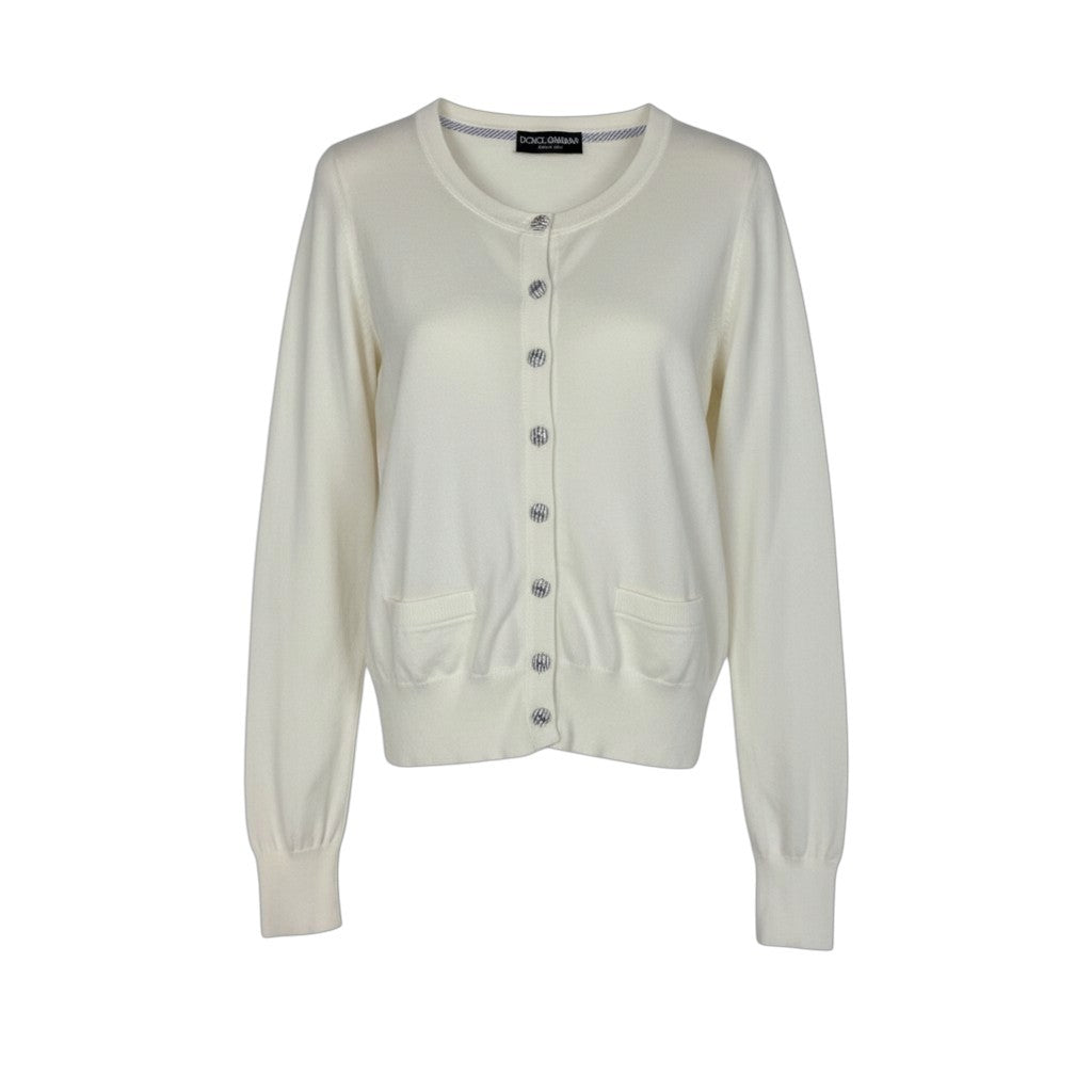 78j6 DOLCE&GABBANA ドルチェアンドガッパーナ ニットカーディガン DGロゴボタン ストライプ 42サイズ ホワイト レディース 女性用u02t