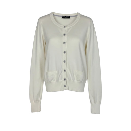 78j6 DOLCE&GABBANA ドルチェアンドガッパーナ ニットカーディガン DGロゴボタン ストライプ 42サイズ ホワイト レディース 女性用u02t