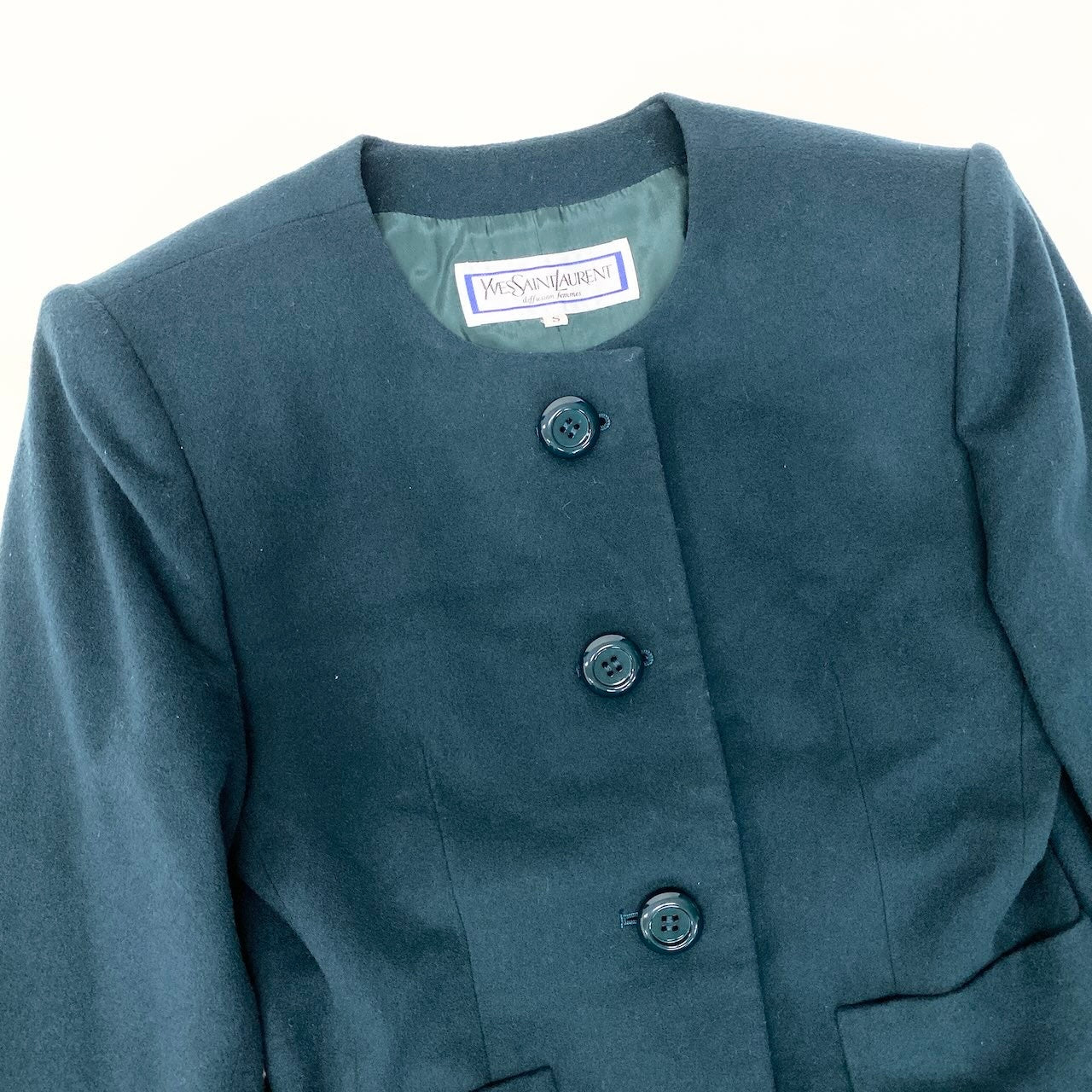 33f15 YVES SAINT LAURENT イヴサンローラン ノーカラージャケット ウールジャケット サイズS ダークグリーン レディース 女性用u02t